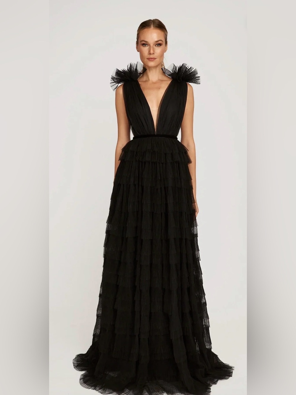 Sau Lee Gown Plunging V-Neck Black Tiered Tulle Maxi Dress
